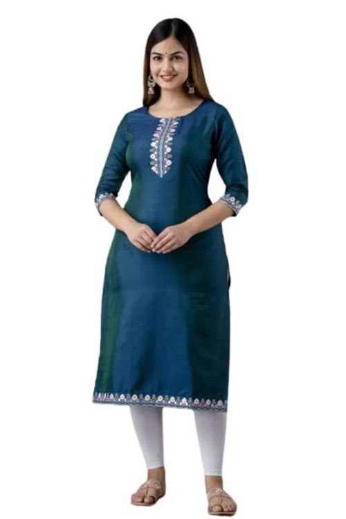 Women's Green Taffeta Silk Embroidered Kurta Size XL