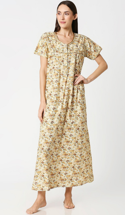 Women Printed Maternity Nightdress Yellow & Brown(Size M)