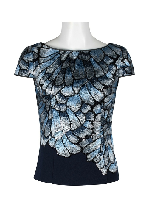 Adrianna Papell Boat Neck Cap Sleeve Zipper Back Embroidered Crepe Top