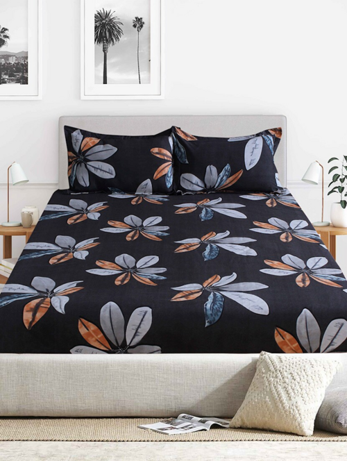Grey Floral Printed Polycotton Bedsheet