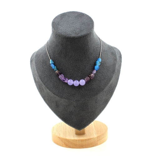 Blue Apatite + Amethyst + Lavender Chalcedony 8 mm 15 beads necklace.