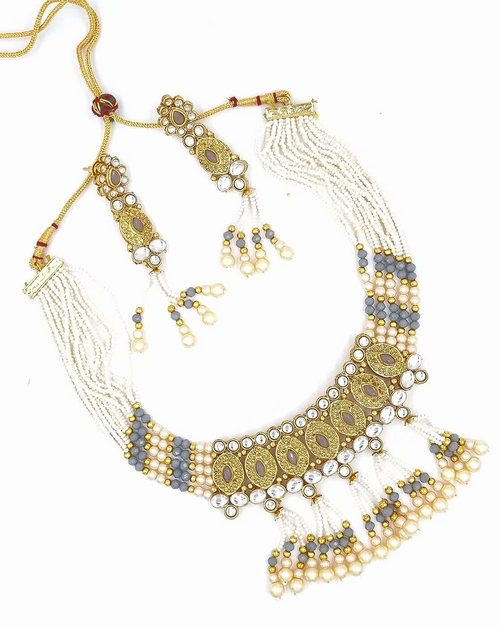 Gold-Plated Stone-Studded Necklace & Earrings Set finish with sea