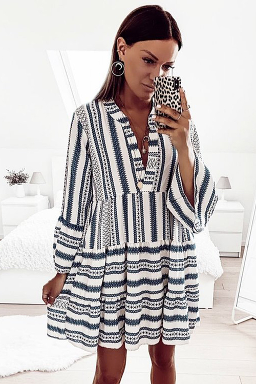 Geometric Print V neck Ruffle Swing Mini Dress