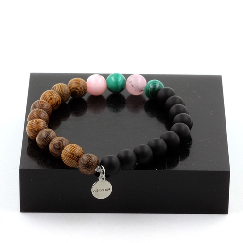 Malachite + Pink Opal + Matte Black Onyx + Wood Bracelet 8 mm Beads.