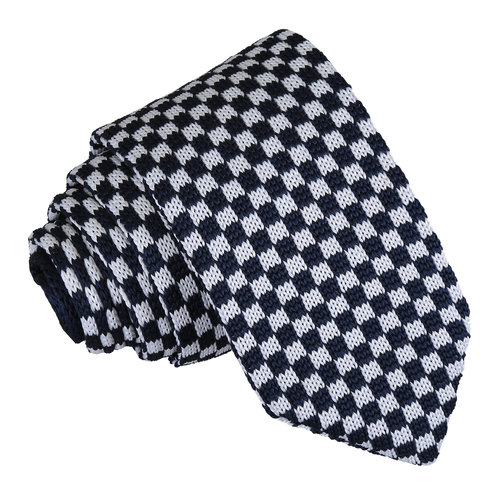 Check Knitted Slim Tie - White & Navy