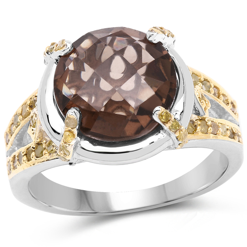 3.28 Carat Genuine Smoky Quartz and Yellow Diamond .925 Sterling