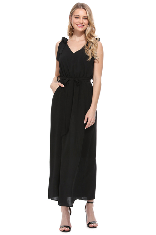 Black Bowknot Shoulder Straps Jersey Dress with Belt
