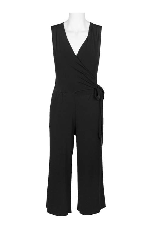 Nina Leonard V-Neck Sleeveless Tie Waist Solid Jersey Jumpsuit