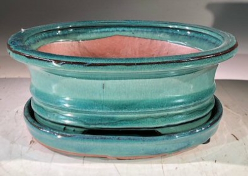 Blue / Green Ceramic Bonsai Pot - OvalWith Humidity Drip Tray8" x 6" x
