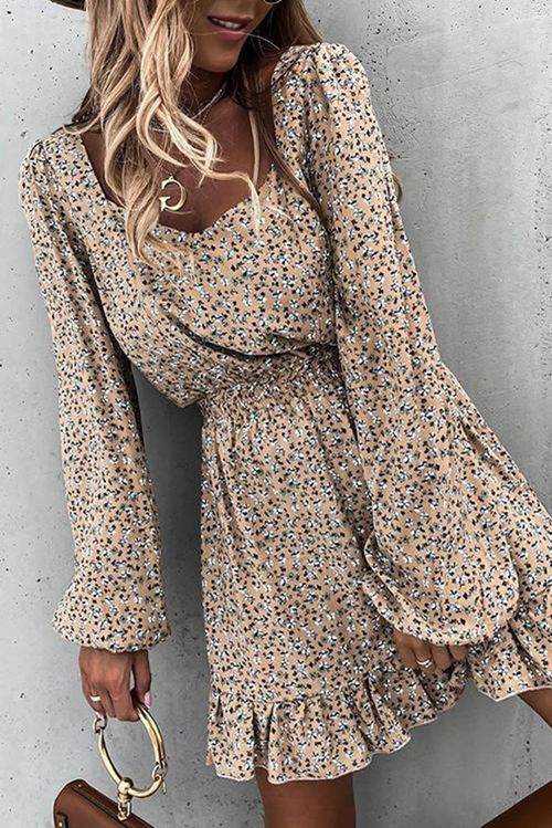 Khaki Elastic Waist Ruffled Floral Dress