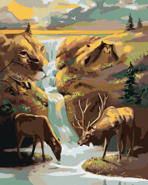 Zuty - Paint by Numbers - DEER, WATERFALL AND SUNSET (D. RUSTY RUST),