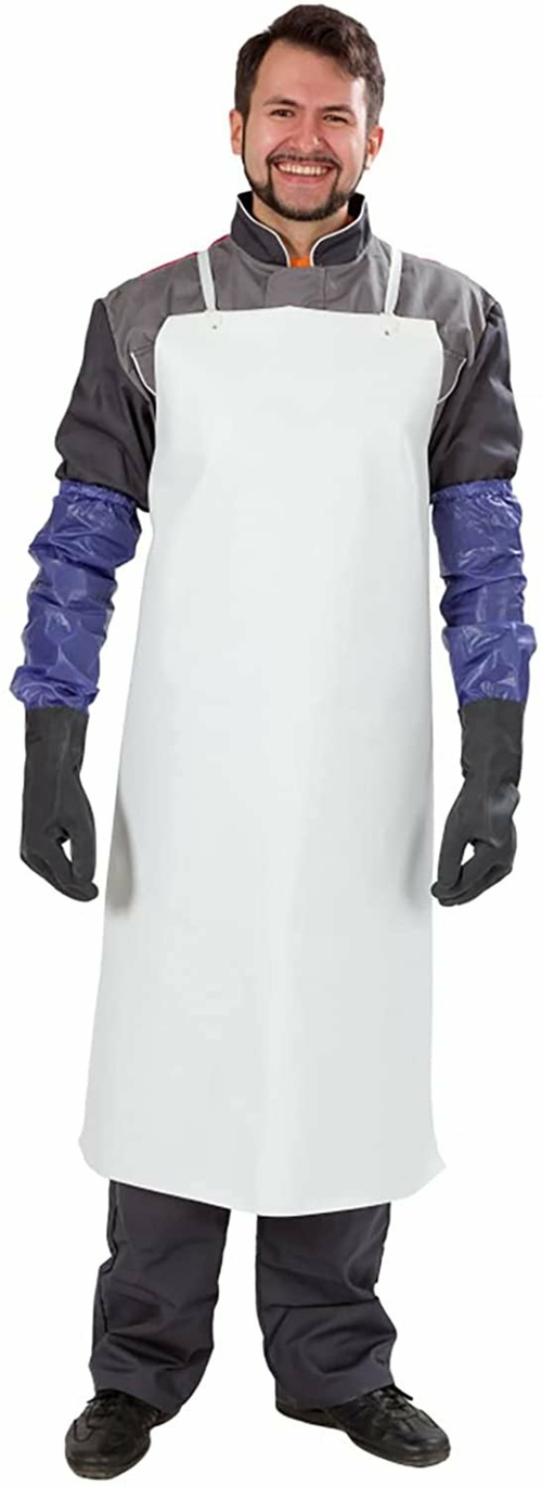 Waterproof PVC Aprons 6 Mil. Blue, White Vinyl Row Cut Finish Aprons