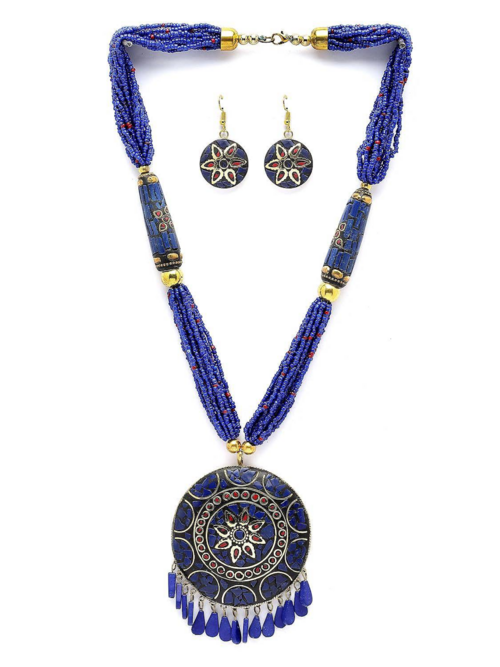 Round Tibetan Pendant Necklace Jewellery Set for Women-BLUE