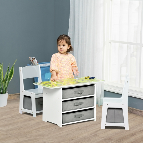 Qaba 3-Piece Kids Table and Chair Set Writing Desk Brick Table w/ 2 In