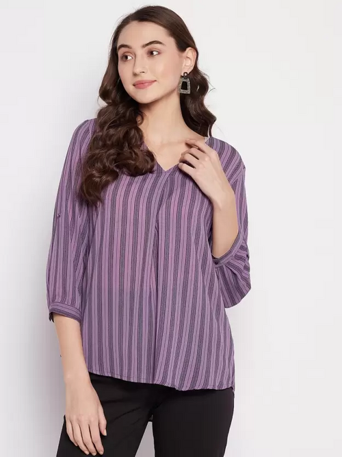 Casual Regular Sleeves Striped Women Pink Top (Size M)