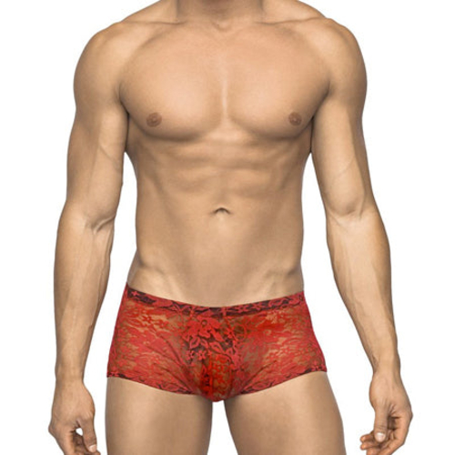 Male Power Stretch Lace Mini Short Red X-Large