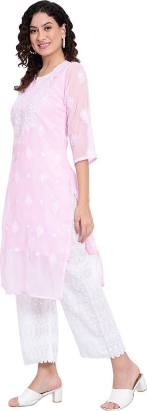 Women Chikanari 3/4th Sleeve  Embroidery Georgette Straight Kurta 