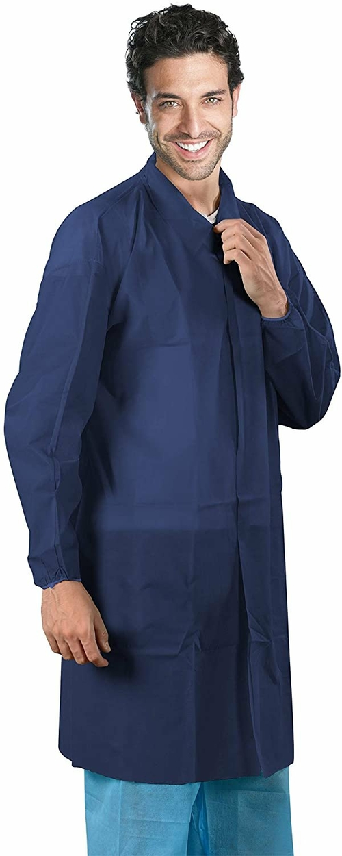 Disposable Gowns. Pack of 10 Dark Blue PP Lab Coats Large. 35 gm/m2