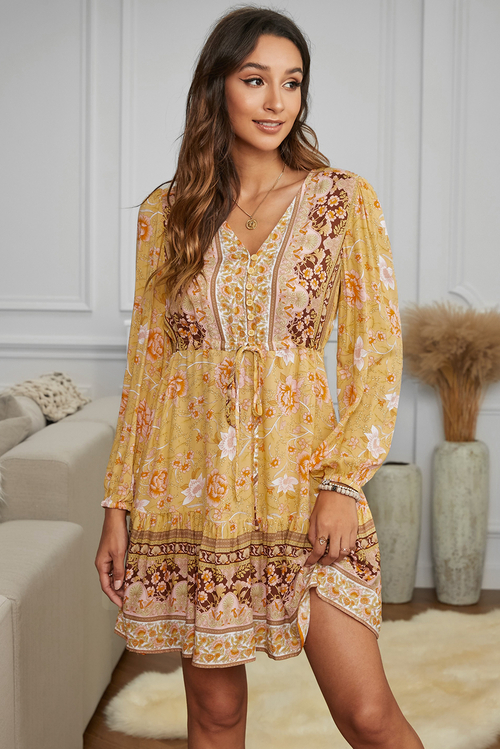 Yellow V-neck Floral Print Long Sleeve Tunic Mini Dress