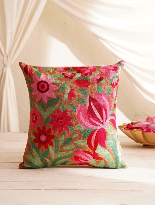 Multicolour Cotton With Silk Threads Kashmiri Crewel Cushion Cover