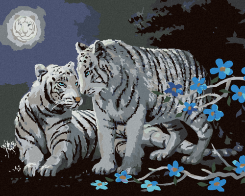 Zuty - Paint by Numbers - WHITE TIGER, BLUE FLOWERS AND FULL MOON (D.