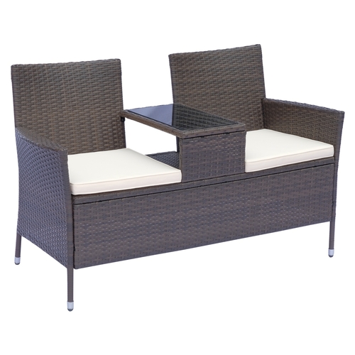 Outsunny 2 Seat Rattan Wicker Chair Bench with Tea Table Cushioned