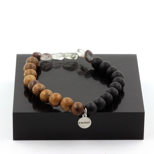 Green Phantom Quartz + Matte Black Onyx + wood Bracelet 8 mm Beads.