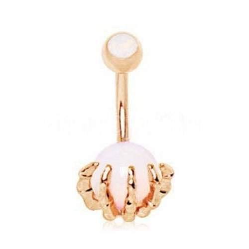 Rose Gold Plated Skeleton Hand Holding Crystal Ball Navel Ring