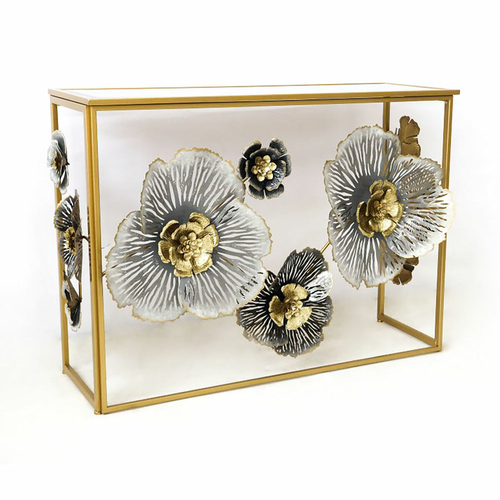 Console DKD Home Decor Mirror Grey Golden Metal Flowers (15.6 x 46.4 x