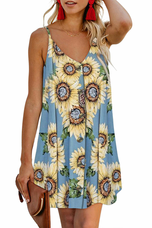 Sky Blue Sunflower Pattern Buttoned Slip Cami Dress