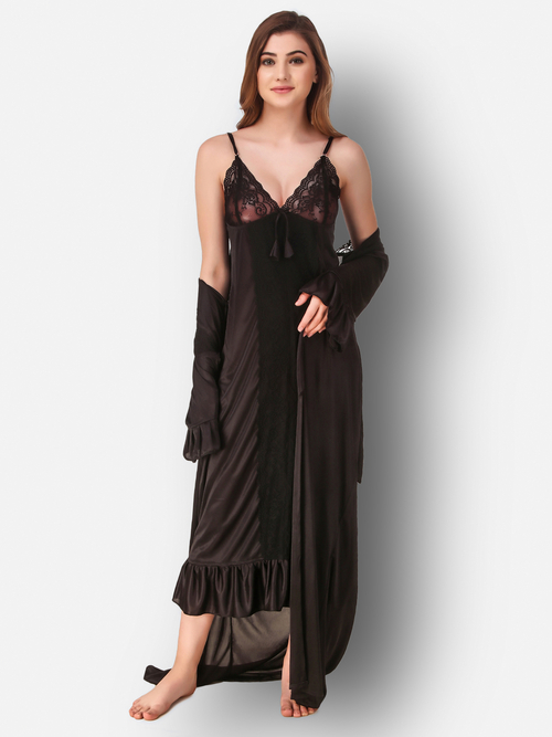 Romaisa Women's Satin Solid Black Maxi Length Nighty with Robe