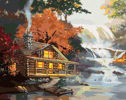 Zuty - Paint by Numbers - RACCOON, HUT AND WATERFALL (D. RUSTY RUST),