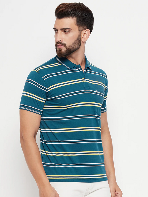 Polo Neck Striped Polo T-Shirt (Size-L) (Color-Teal)