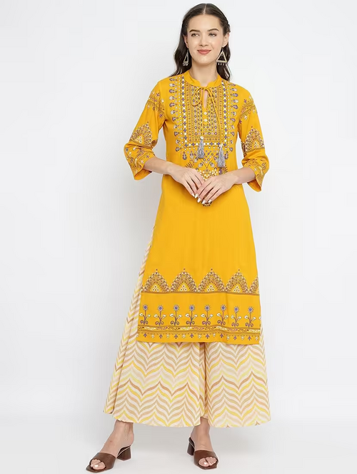 Women Printed Manadrin Neck Kurta Palazzo Set (Size-S) (Color-Yellow)