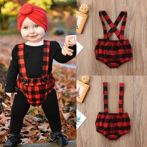 Newborn Kids Baby Girl Plaid Suspenders Shorts