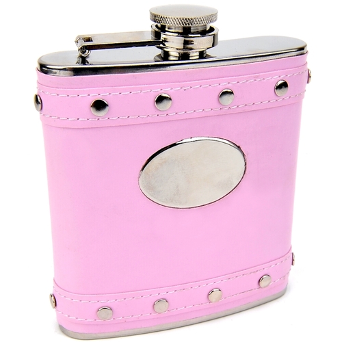  Silver Stud Hip Flask with Pink Faux Leather