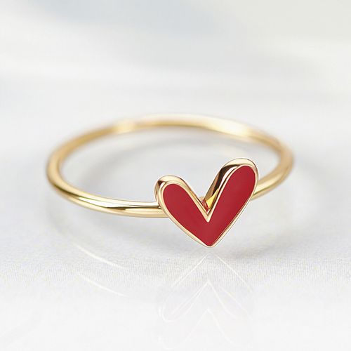 Red Enamel Heart Ring, Gold Heart Ring, Enamel Heart Jewelry