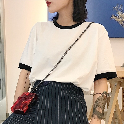 Korean Tops Tee Ladies Slim Patchwork T shirt