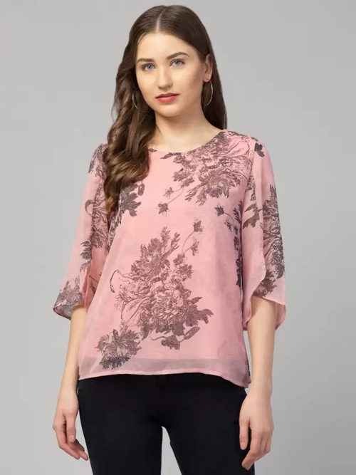 Casual Slit Sleeves Printed Women Pink Top (Size L)