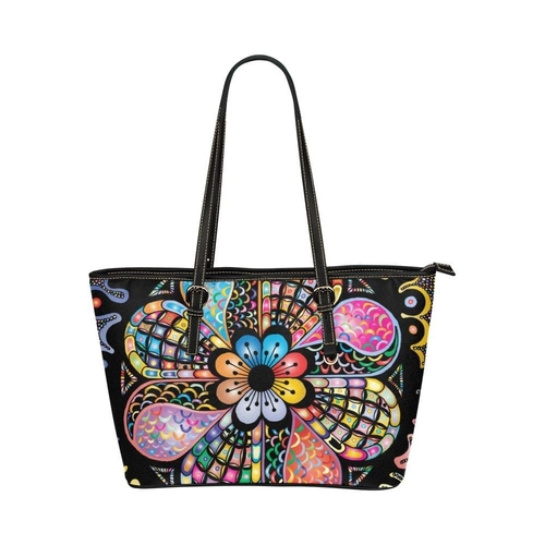 Large Leather Tote Shoulder Bag - Floral Multicolor Illustration