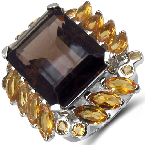 17.85 Carat Genuine Smoky Quartz & Citrine .925 Sterling Silver Ring