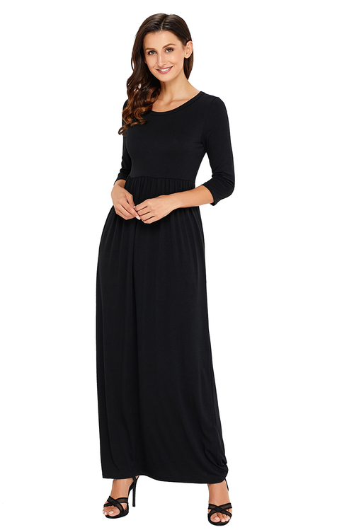 Black Pocket Design 3/4 Sleeves Maxi Dress