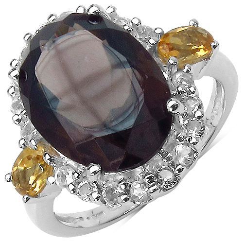 5.44 Carat Smoky Quartz Ring with 1.26 ct. t.w. Multi-Gems in Sterling