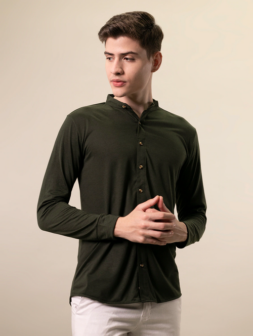 Men Regular Fit Washed Casual Shirt Olive Size L
