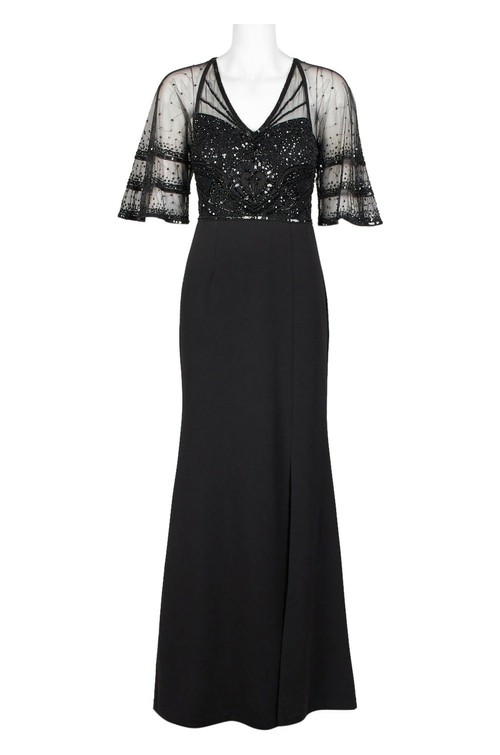 Adrianna Papell V-Neck Illusion 3/4 Sleeve Embellished Mesh Bodice