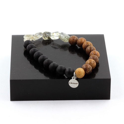 Rutile Tourmaline Quartz + Matte Black Onyx + wood Bracelet 