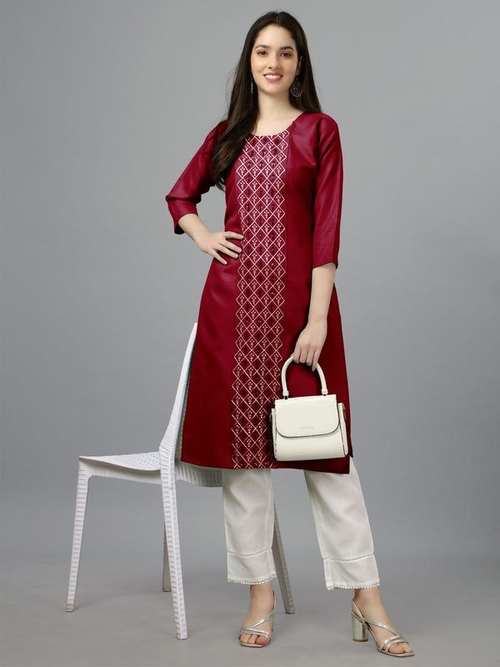 Women Embroidered Cotton Blend Casual Straight Kurti  (Size-40)
