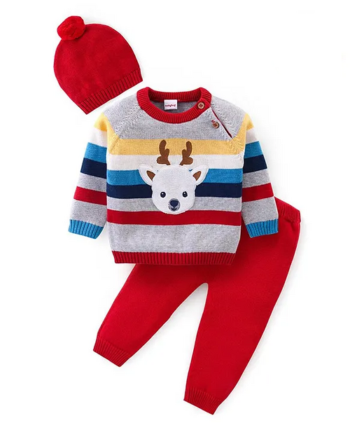 Organic Cotton Knit Raglan Sleeves Sweater Set with Cap Reindeer Patch