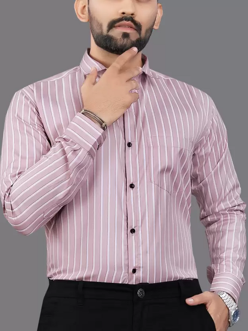 Men Regular Fit Striped Spread Collar Formal Shirt Pink (Size M)