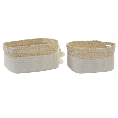 Basket set DKD Home Decor Cotton Pompoms Fibre (28 x 22 x 14 cm)
